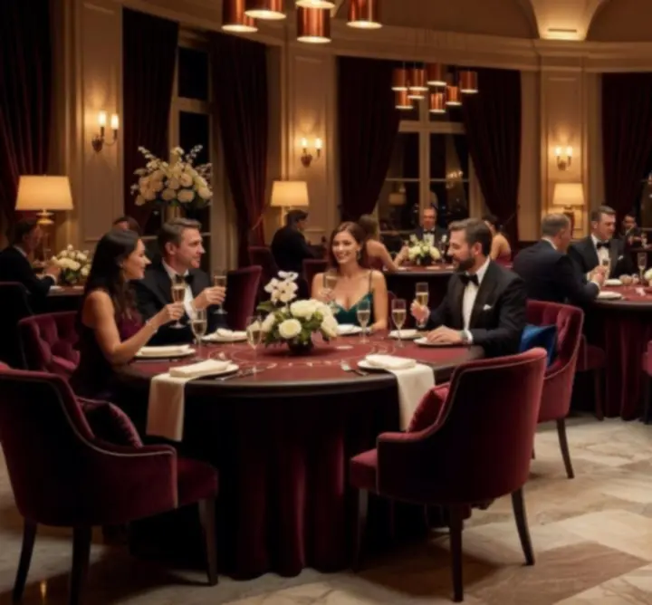 Elegáns, casino-hangulatú esti esemény burgundi és arany fényekkel